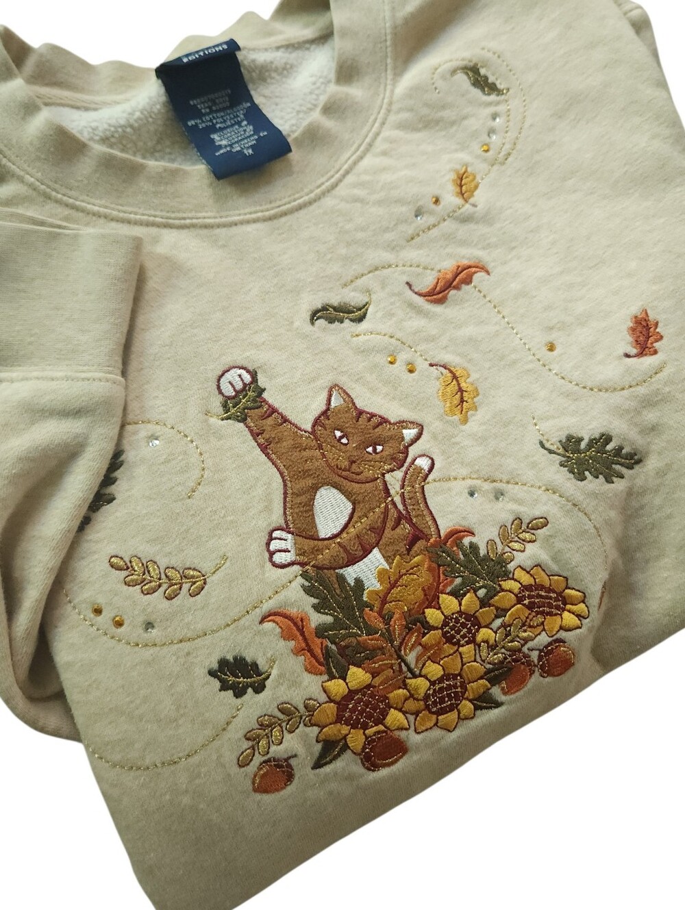 Vintage Y2K Embroidered Cat Fall Mcbling Grandma Cream Sweatshirt Size 1X